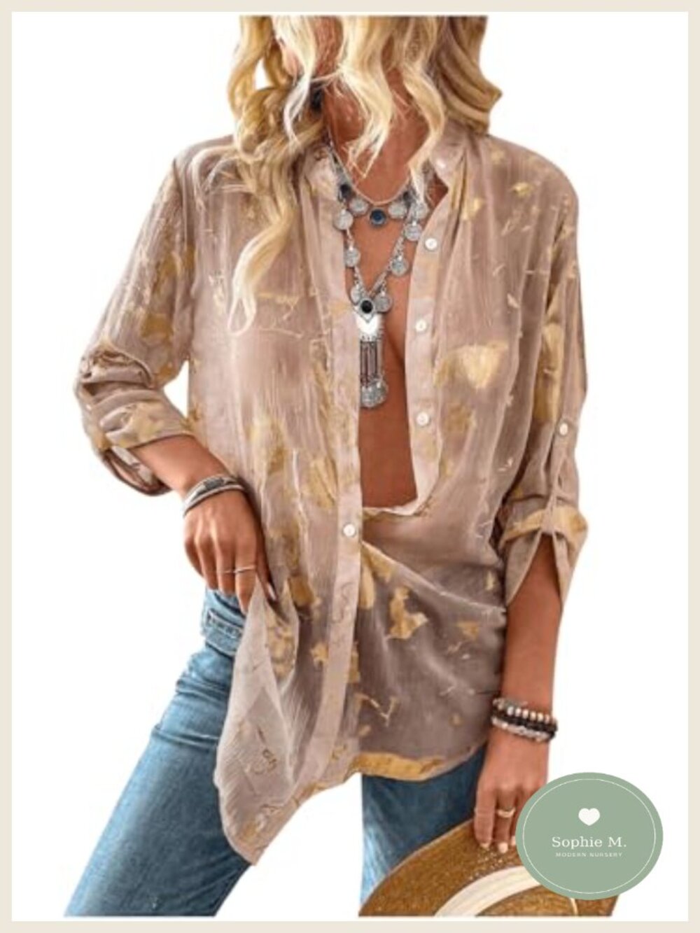 Women's Sheer Floral Button Down Shirt Long Sleeve Dressy Blouse